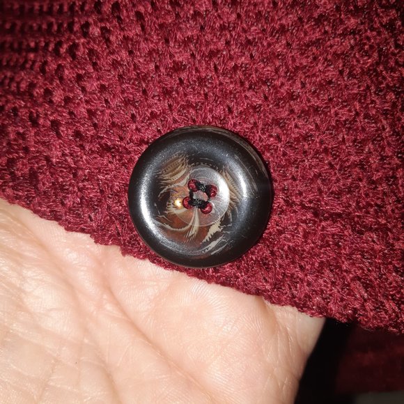 Deep Red Cowl Neck Asymmetrical Button Open Hemmed Sweater - Picture 9 of 9